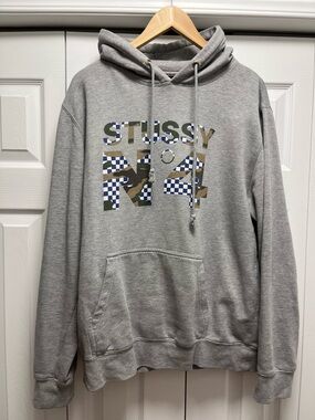 2000s Stussy Hoodie with Camo & Blue Graphic